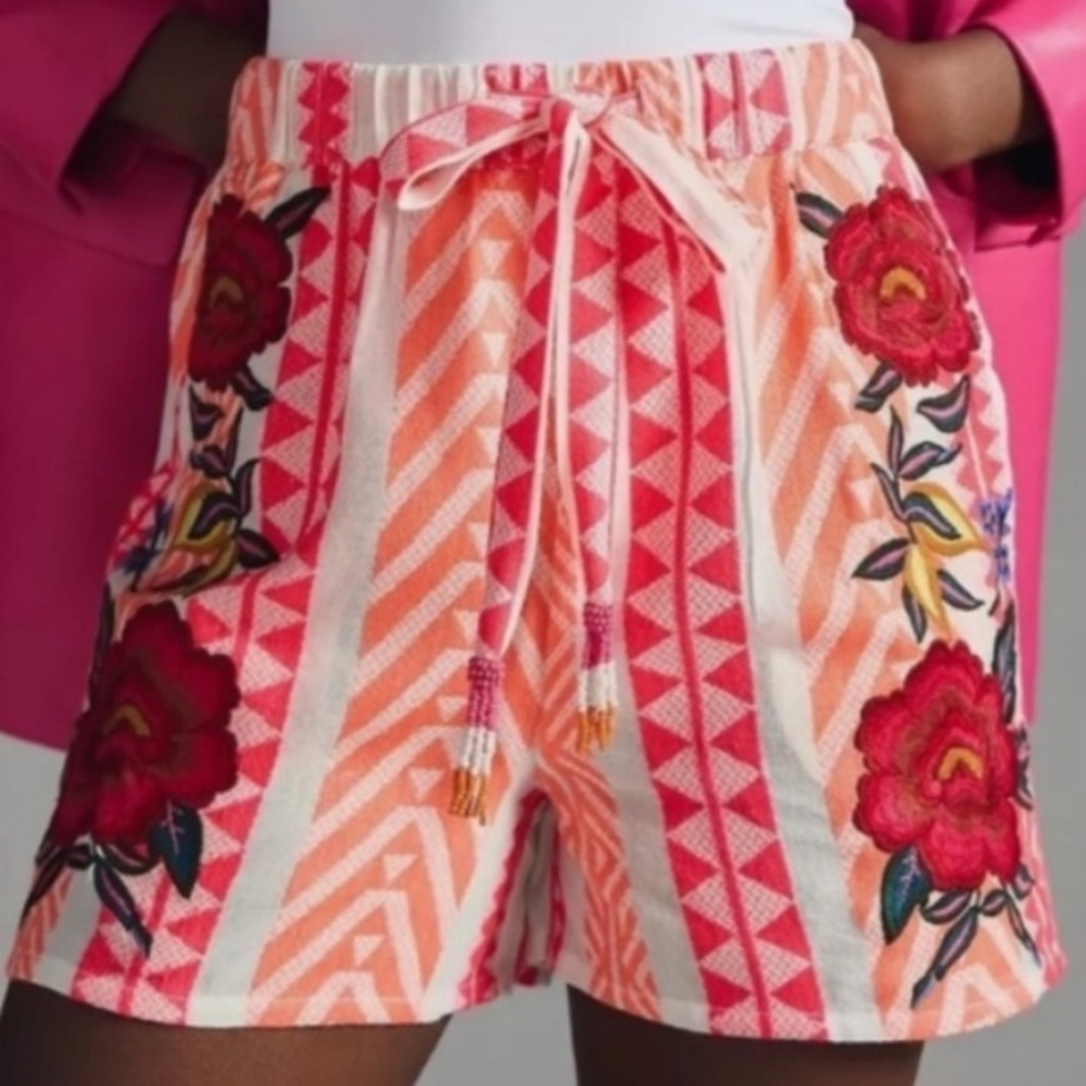 Farm Rio Anthropologie Embroidered Drawstring Shorts S NWT